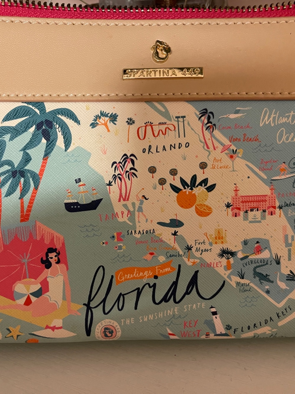 Spartina 449 Florida Map Zip Clutch in Pink and Cream with Aqua Accents